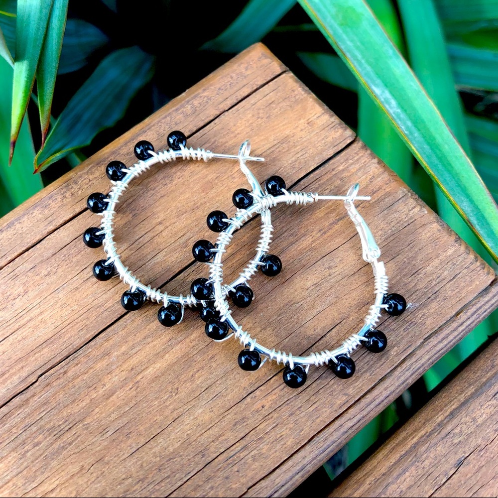 ARIELLE Handmade Black Beaded Hoops!